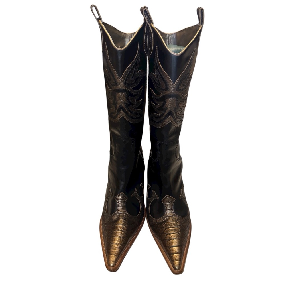 Para Raio Brazil 70’s Western Giddy Up Black Gold Metallic Leather Cowboy Boots - Picture 4 of 17